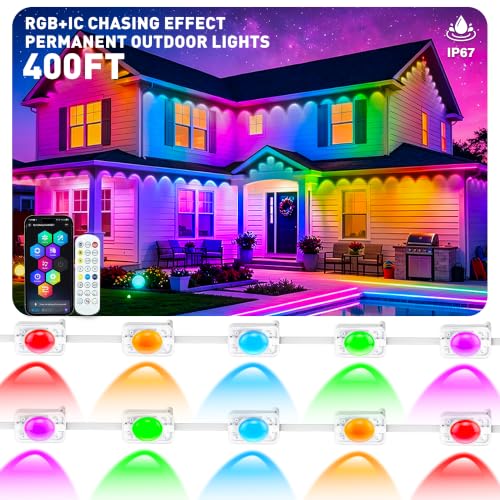 400FT Permanent Outdoor Lights, Smart RGB+IC Eaves Lights for House, App & Remote Control, LED Roofline Lights, Waterproof Exterior House Lights for Year-Round Christmas & Holiday Lighting