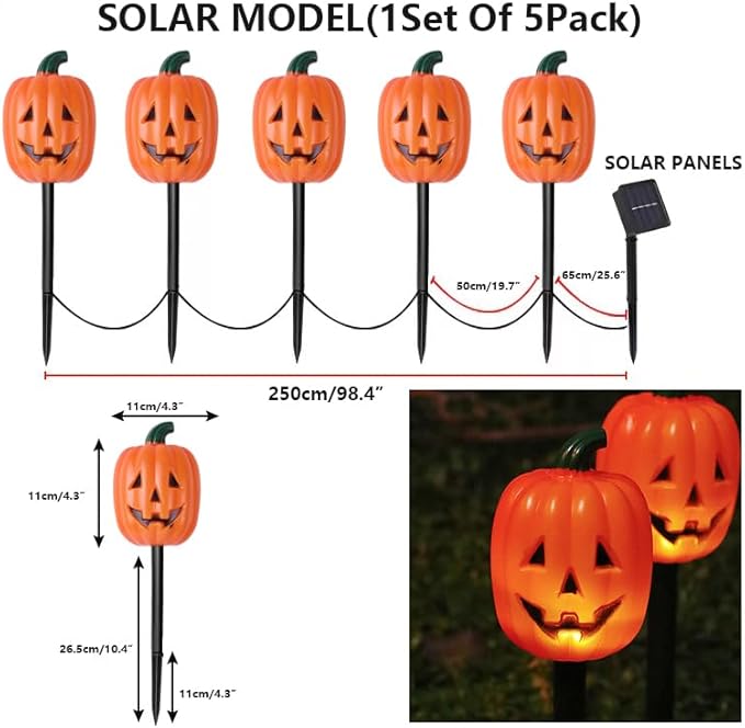 Solar Pumpkin Garden LED Stake Lights for Halloween Decorations Outdoor Waterproof Halloween Yard Stake Lights 1Set Of 5Pack For Garden Patio Yard Pathway Grave (Long Pumpkin)