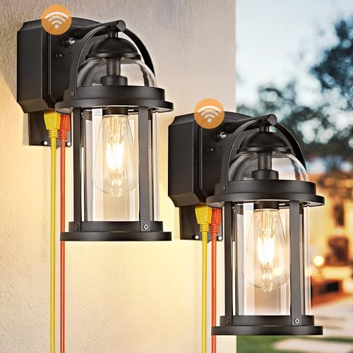 Dusk to Dawn Outdoor Wall Lights with GFCI Outlet, Waterproof Rustic Farmhouse Wall Lanterns with Clear Glass Shades, Anti-Rust Outside Fixture Lights for Garage Patio Porch, Black, 2 Pack