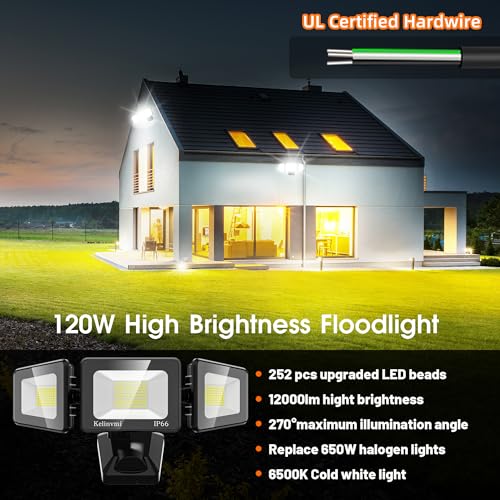 120W LED Flood Lights Outdoor, High Brightness 12000lm LED Security Light, IP66 Waterproof Outside Floodlight 6500K Coldwhite, Exterior Lighting Fixtures for House, Yard, Garden,Playground