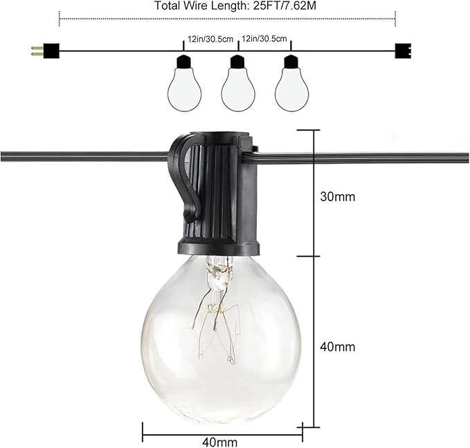Outdoor String Lights Mains Powered Festoon Lighting 25FT G40 IP44 for Indoor & Outdoor Backyard Patio Cafe Garden Party Decoration Warm White Tomshine