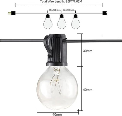 Outdoor String Lights Mains Powered Festoon Lighting 25FT G40 IP44 for Indoor & Outdoor Backyard Patio Cafe Garden Party Decoration Warm White Tomshine
