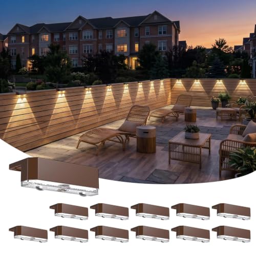 12 Pack Solar Fence Lights Outdoor,Deck Light Solar Powered, IP65 Waterproof Led Riling Solar Lights Brown Frame for Outside Yard Step, Wram White