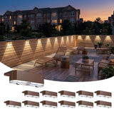 12 Pack Solar Fence Lights Outdoor,Deck Light Solar Powered, IP65 Waterproof Led Riling Solar Lights Brown Frame for Outside Yard Step, Wram White