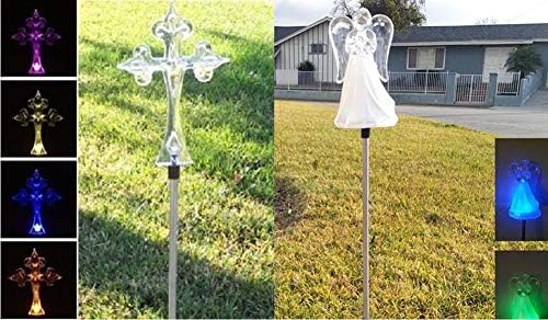 1-Pack Acrylic Angel + 1-Pack Cross Decorative Solar Power Outdoor Garden Stake Landscape Color Change Lights | Lumora