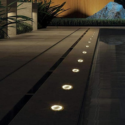 Solar Ground Lights 8 LED Disk Light Solar Powered Ground Lights Outdoor Garden Pathway Lights for Outdoor Solar Landscape Path Yard Driveway Pathway Walkway, 6 Pack,Warm White,Siliver Finish