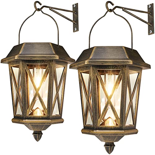 Solar Lantern Outdoor Waterproof, Metal Solar Lights Outdoor with Clear Glass, LED Solar Powered Lights Wall Mount for Yard Garden Wall Outdoor, Bronze - 2 Pack