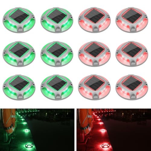 VOLISUN Solar Driveway Lights Dock Marine Lights 12 Pack,2 Colors in 1,Outdoor LED Deck Lights,Solar Powered Waterproof Warning Step Lights for Driveway Sidewalk Pathway (Red/Green)