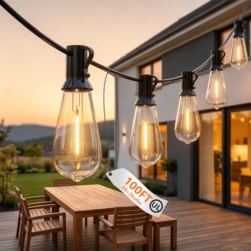 Oviejo 100FT LED Outdoor String Lights,Waterproof Edison String Lights with 52 ST40 LED Bulbs,E17 Base, for Deck,Outside,Backyard,House,Indoor/Outdoor Decor