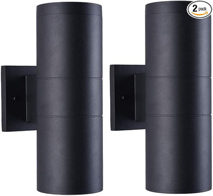 mirrea Modern Outdoor Porch Light Patio Light in 2 Lights with Aluminum Cylinder and Tempered Glass Cover Waterproof Wall Sconce 2 Pack (Matte Black)