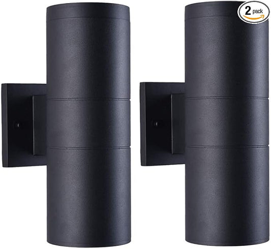 mirrea Modern Outdoor Porch Light Patio Light in 2 Lights with Aluminum Cylinder and Tempered Glass Cover Waterproof Wall Sconce 2 Pack (Matte Black)