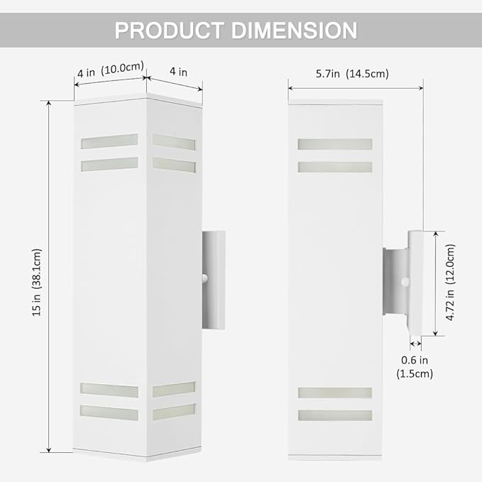 Cerdeco Aluminum Modern Outdoor Wall Light,15" Exterior Up Down Wall Sconce Light Fixture Sand Textured White with 3-Sided Frosted Glasses [ETL Listed]