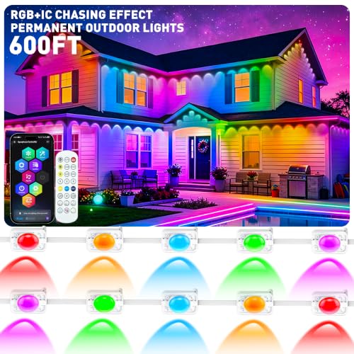 600FT Permanent Outdoor Lights, Smart RGB+IC Eaves Lights for House, App & Remote Control, LED Roofline Lights, Waterproof Exterior House Lights for Year-Round Christmas & Holiday Lighting