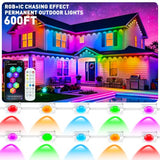 600FT Permanent Outdoor Lights, Smart RGB+IC Eaves Lights for House, App & Remote Control, LED Roofline Lights, Waterproof Exterior House Lights for Year-Round Christmas & Holiday Lighting