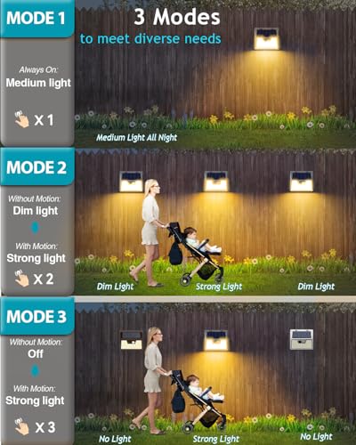 Solar Lights Outdoor 1 Pack, 140LED/3 Modes Motion Sensor Lights Solar Powered, Wireless IP65 Waterproof Solar Wall Lights Outdoor Lights, Bright for Deck Fence Patio Front Door, Warm Light (White)