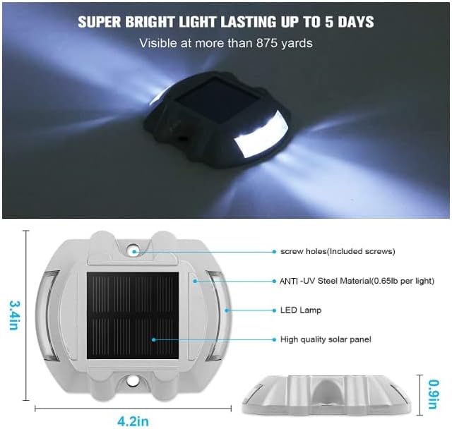 Solar Deck Lights Driveway Dock Lights, 4-Pack Led IP67 Waterproof Outdoor Warning Step Lights (Cool White) for Driveway Dock Sidewalk Garden Pathway Yard