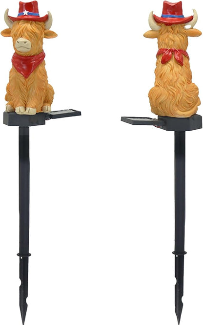 2pcs Highland Cow Solar Garden Lights, Outdoor, Small, Red, Rustic, Waterproof, LED, Path, Flush Mount, Touch Control, 2 Count