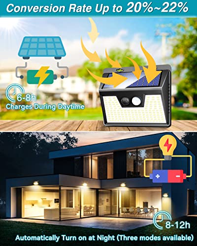 Solar Lights Outdoor 4 Pack, 140LED/3 Modes Motion Sensor Outdoor Lights Solar Powered, Wireless IP65 Waterproof Solar Lights Outside Bright for Deck Steps Fence Patio Front Door Pathway, Warm White