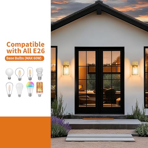 Outdoor Light Fixtures Wall Mount, Waterproof Front Porch Lights, Modern Exterior Lighting Fixtures with E26 Socket, Gold Wall Sconces Lantern Lamp, Outside Lights for House, Garage, Patio (2 Pack）