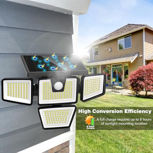 Solar Lights Outdoor 2 Pack, 300 LED Motion Sensor Lights, 4 Heads, IP65
