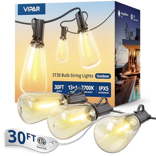 VIPAR Outdoor String Lights, 30FT LED Patio Lights Waterproof 14 ST38 Bulbs