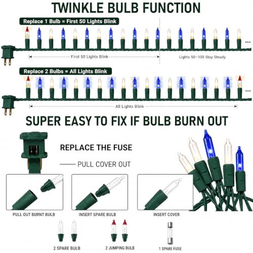 TW SHINE Christmas Mini String Lights, 20FT 100 Count Incandescent Mini Christmas Tree Lights, Waterproof Xmas String Lights for Outdoor Indoor Home Party Yard Decorations, Warm White and Blue