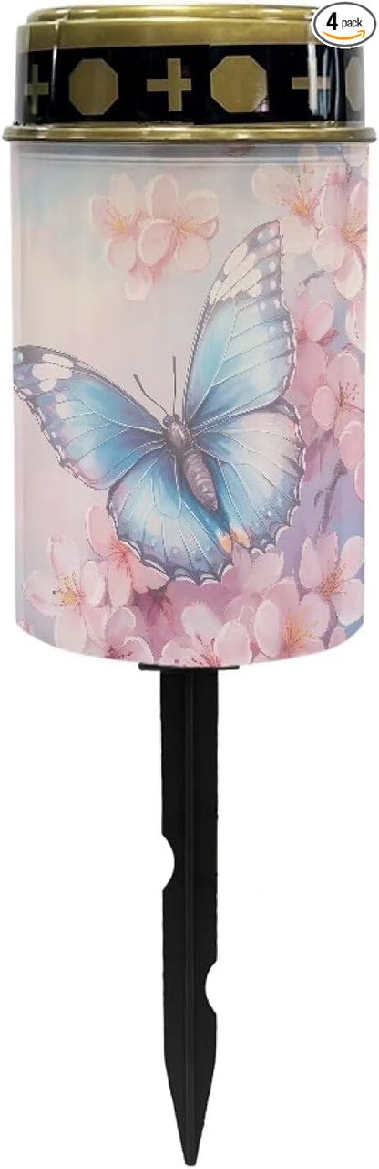 Butterfly Flower Solar Lights for Cemetery Gravesite Outdoor Solar Lights for Yard Decorative Cemetery Candle Holder for Grave Waterproof Flameless Solar Powered Light for Prayer
