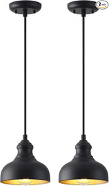 7in Dome Black Farmhouse Barn Pendant Light with Brass Interior, 2 Pack Outdoor Porch Hanging Lamp Small Industrial | Lumora