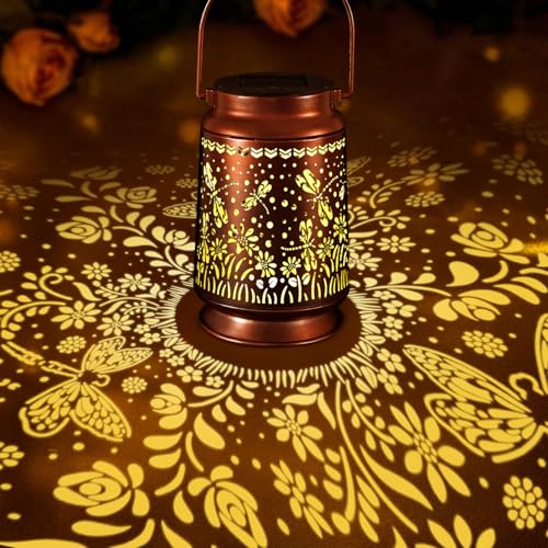 Solar Lantern Outdoor Hanging — Metal Dragonfly Solar Lights with Floral Projection, IP65 Waterproof, Auto On/Off, 8–12H Illumination, Garden Décor Gift for Mom Grandma Women