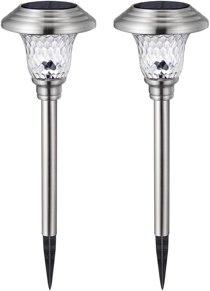 2pcs Solar Garden Path Lights Stainless Steel Glass LED Landscape Lighting Waterproof Outdoor Solar Energy Ground Spike Lamps for Lawn Patio Walkway