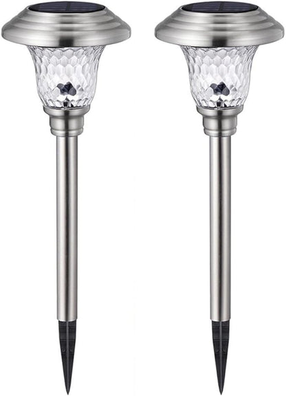 Alasum 2pcs Solar Garden Lantern Stainless Steel Glass LED Landscape Path Lights Outdoor Waterproof Solar Power Standing Stick Lamp for Patio Lawn