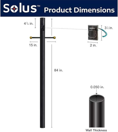 Solus 7-Foot Direct Burial Lamp Post – Outdoor Aluminum Light Pole with Decorative Cross Arm & 120V Outlet – Fits 3" Post Top Fixtures, Made in USA, Black, Bronze, or White, (Black, Set of 2)