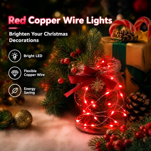 Dazzle Bright Fairy Lights Battery Operated, 20 FT 60 LED Silver Wire Waterproof Battery Operated String Lights, Christmas Decorations for Indoor Outdoor Bedroom Yard Decor, Red