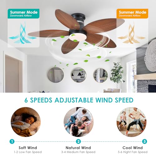 Surtime 46" Ceiling Fans with RGB Lights - Flush Mount Ceiling Fan Light with LED 3CCT Dimmable, Tropical Palm Leaf Ceiling Fans for Indoor Party,Covered Outdoor （Brown）