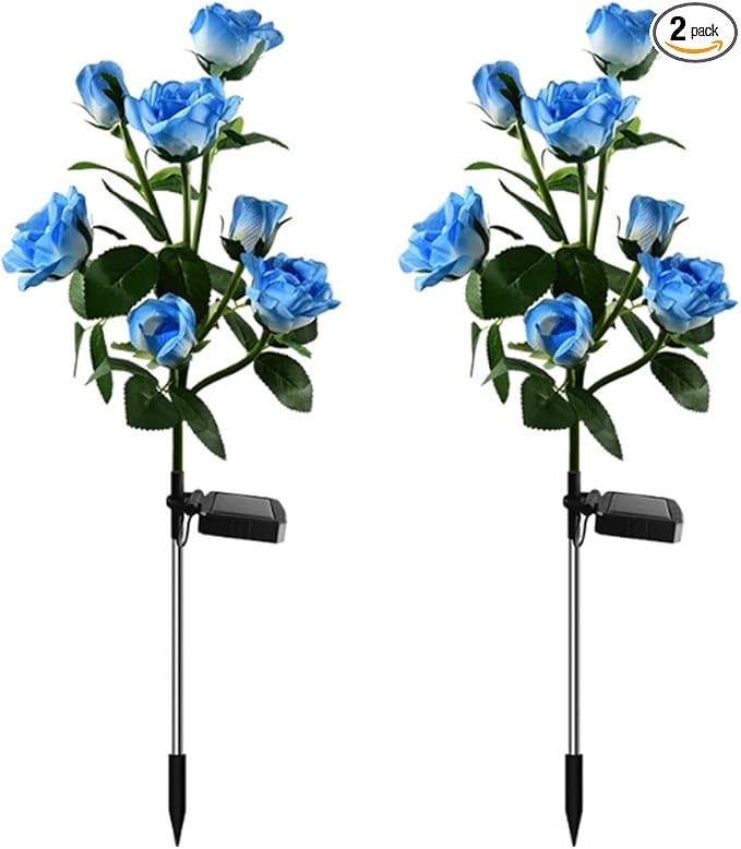 Aolyty Solar Garden Lights Outdoor, Solar Powered Stake Flower Light, IP65 Waterproof Solar Decorative Rose Flowers Lights for Patio Pathway Yard Lawn Decor (Blue, 7 Rose)