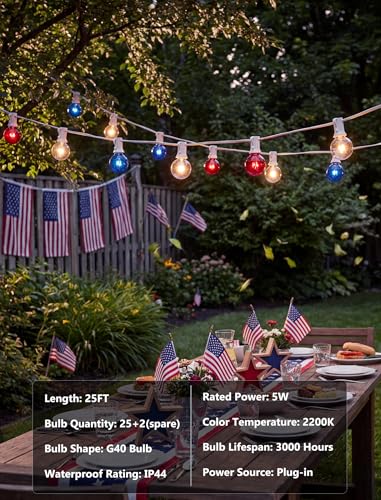 4th of July Decorations String Lights, 25Ft Outdoor Patio String Lights with 27 G40 Red White and Blue Light Bulbs(2 Spare), Independence Day Lights for Patriotic Party Garden Festival Decor- White