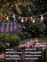 4th of July Decorations String Lights, 25Ft Outdoor Patio String Lights with 27 G40 Red White and Blue Light Bulbs(2 Spare), Independence Day Lights for Patriotic Party Garden Festival Decor- White
