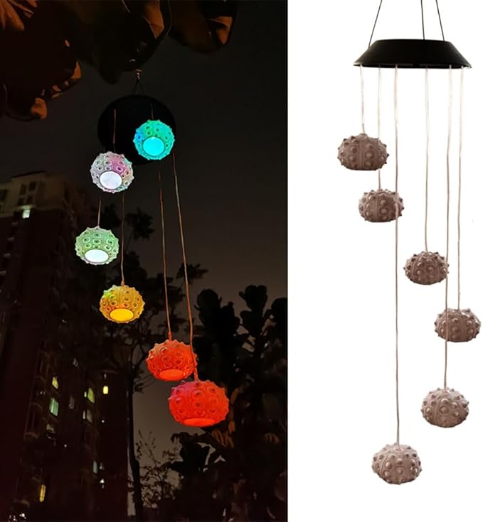 Solar Sea Urchin Wind Chime Light 6 LEDs Colorful Color Changing Outdoor Decorative Solar Hanging Light Painted Marine LED Lights for Garden Walkway Patio Yard, 1 Pack