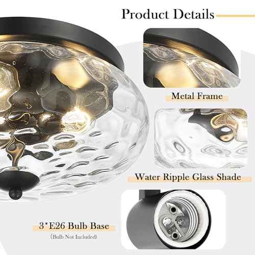 Darkaway Large Ceiling Light Fixtures, 3-Light Flush Mount Indoor Outdoor Ceiling Light with Water Ripple Glass Shade for Hallway Kitchen Bedroom Porch Living Room Black Finish