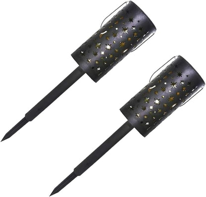 2pcs Solar Wrought Iron Lawn Plug Lamps Decorative Outdoor Projection Lights Star and Moon Pattern Solar Powered Garden Path Lights for Patio and Yard