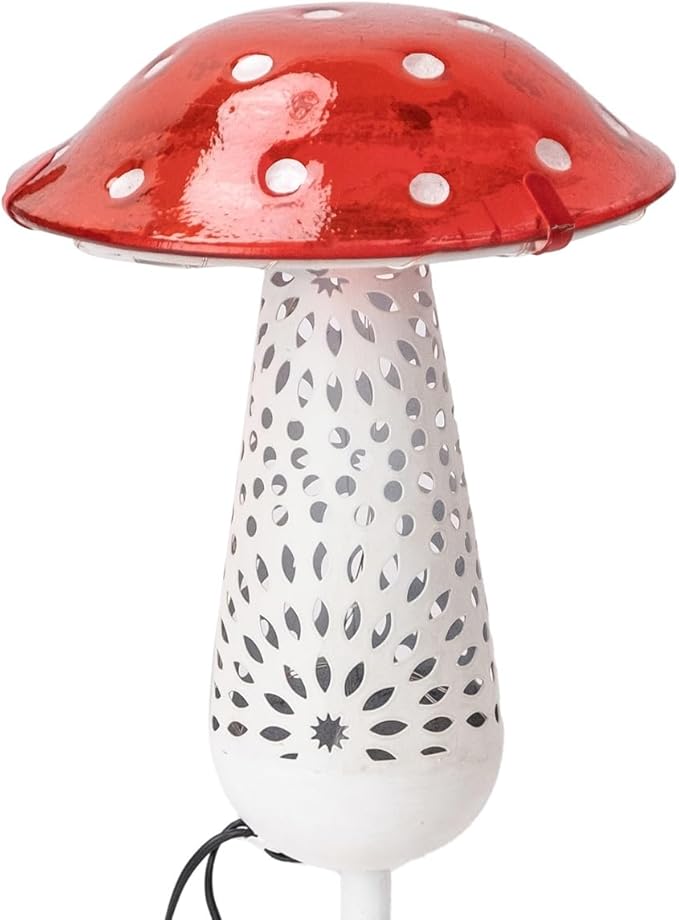 Giant Red Mushroom Solar Light - 12''H Glass and Metal Outdoor Decor Stake Light, 3-PACK, Large