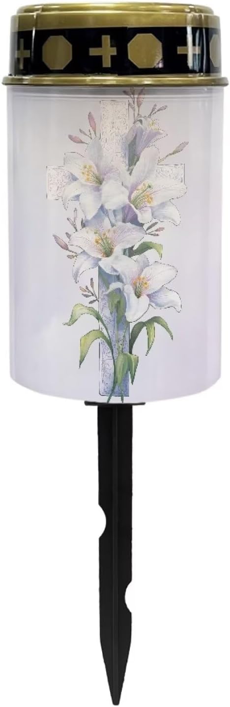 Solar Lighted Lily Cross Print Waterproof Solar Grave Outdoor Lights for Cemetery Landscape Path Flamesless Candle | Lumora
