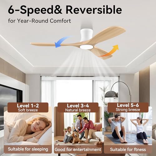 52” Wood Smart Flush Mount Ceiling Fans with Lights Remote,Low Profile