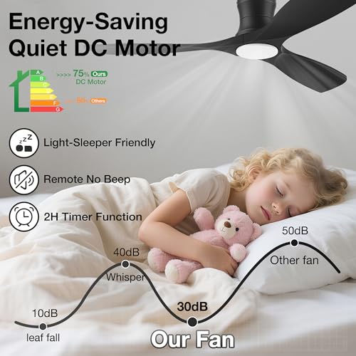 52In Low Profile Ceiling Fans with Lights,Flush Mount,Black,Outdoor Indoor