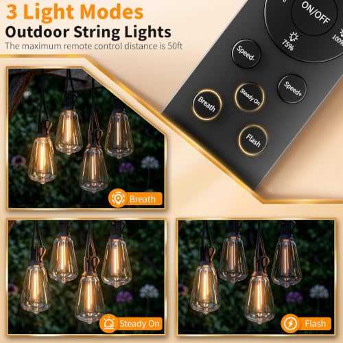 Hotsonic Remote Control Outdoor String Lights Waterproof, 100FT LED Outside Lights with Shatterproof Bulbs, Dimmable Hanging Light 3 Modes for Patio Porch Garden pergola Yard House Bistro Party decors