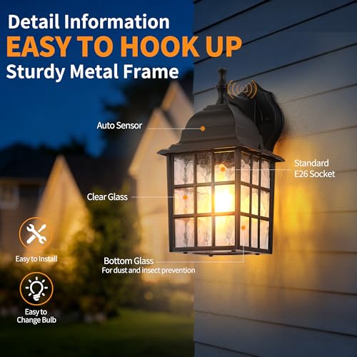 Dawn to Dusk Sensor Outdoor Wall Light Fixtures Waterproof Anti-Rust Exterior Lighting Fixtures Black Outdoor Wall Lantern for Porch Patio Front Door Garage House
