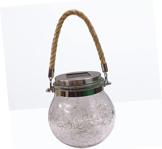 POPETPOP Solar Powered Crackle Glass Jar Lights Hanging Lamps for Outdoor Garden Lawn Patio Decor Unique Blue Light Design with Rope Handle
