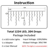 Toodour Christmas Icicle Lights Outdoor, 1224 LED 100ft 8 Modes Fairy Icicle String Light with 204 Drops, Led Christmas Lights Twinkle for Holiday, Party, Wedding, Eaves, Xmas Decorations (White)