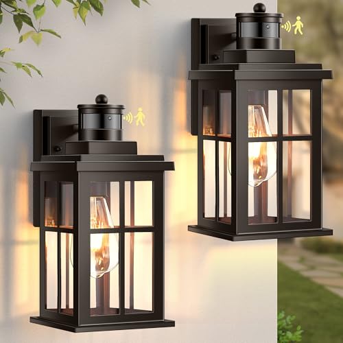 Outdoor Motion Sensor Light, 2 Pack Outside Sconce, Bronze Motion Sensor for Outside, Anti-Rust, Outdoor Light Fixture with Tempered Clear Glass for House, Garage,Entryway, Waterproof