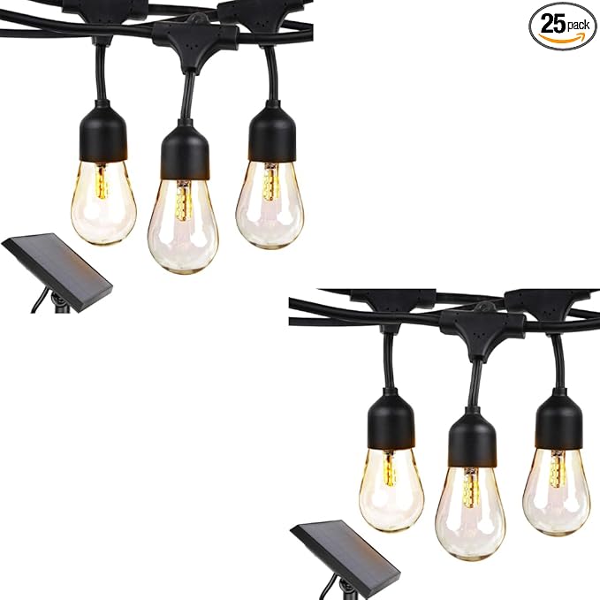 Brightech Bundled: 75Ft, 25 Bulbs Ambience Pro Solar Powered Outdoor String Lights, Commercial Grade Waterproof Patio Lights, 25 Edison Bulbs, Shatterproof LED Solar Christmas String Lights - 1W